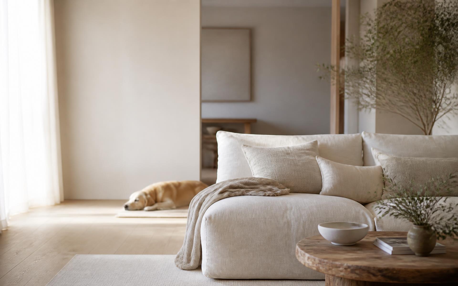 Bright ivory living room with a dog resting in the background